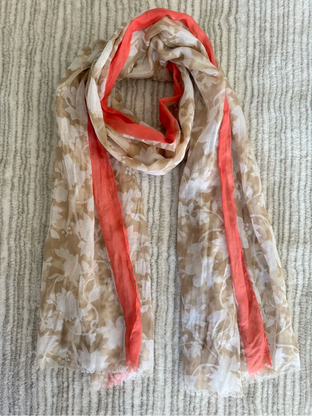 Banana Republic Beige Floral Scarf with Coral Trim